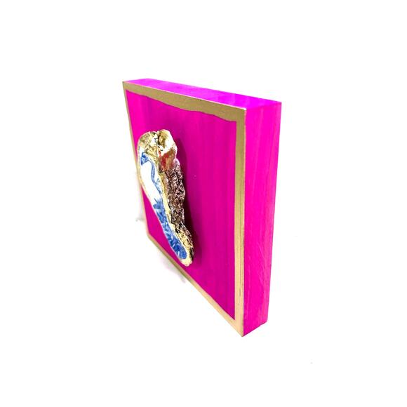 Original HandPainted Oyster Art 5x5 Wooden Block Pink Flamingo Gold Art Beach - Picture 2 of 6
